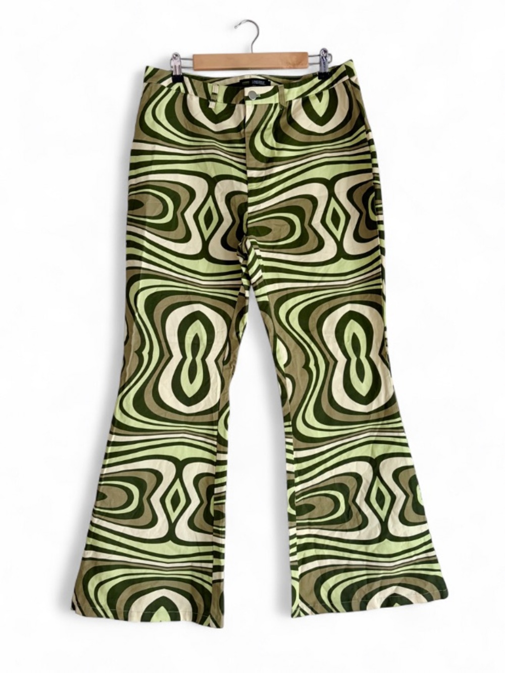 Finesse Green Groovy Psychedelic 70s Print Bell Bottom Stretch Pants Size XL